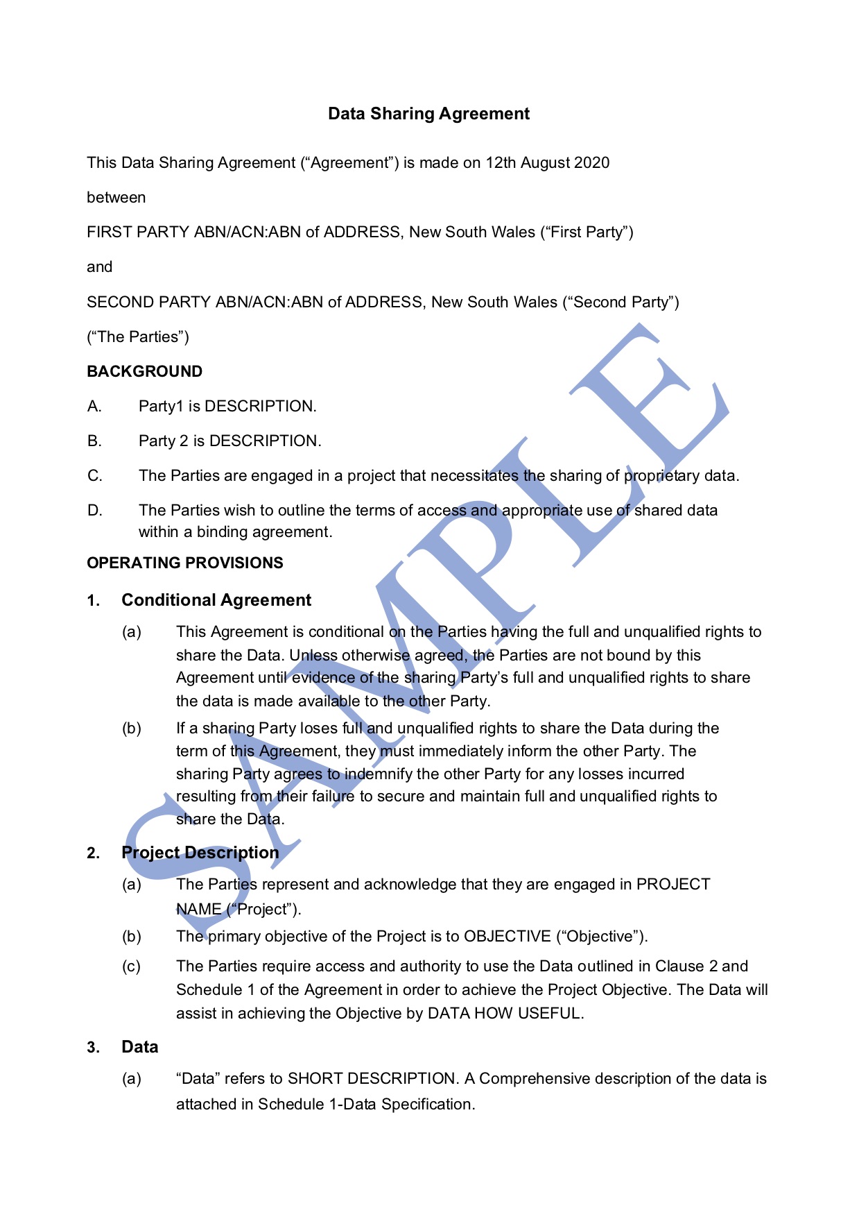 Data Sharing Agreement - Free Template  Sample - Lawpath Pertaining To information sharing agreement template