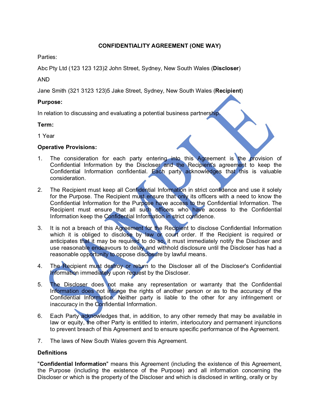 Confidentiality Agreement (One Way)