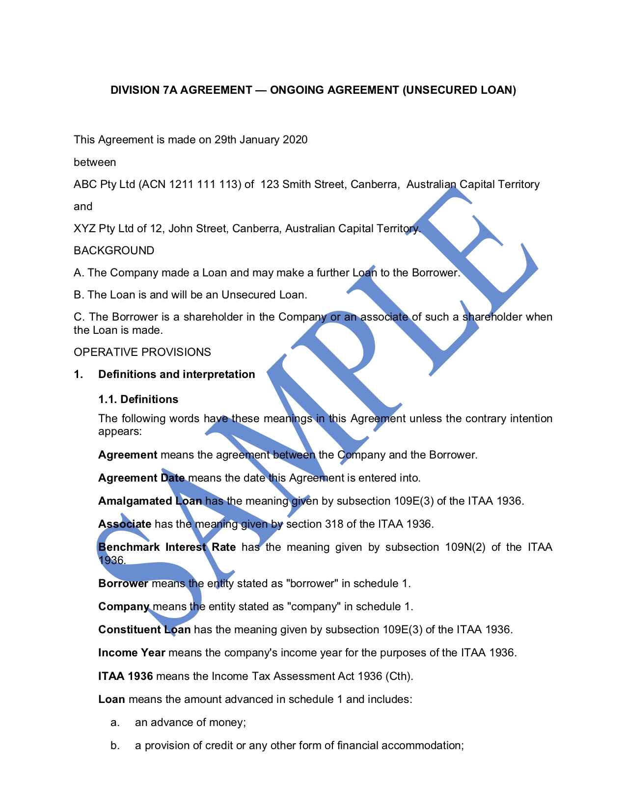 Division 20A Loan Agreement - Free Template  Sample - Lawpath Intended For division 7a loan agreement template