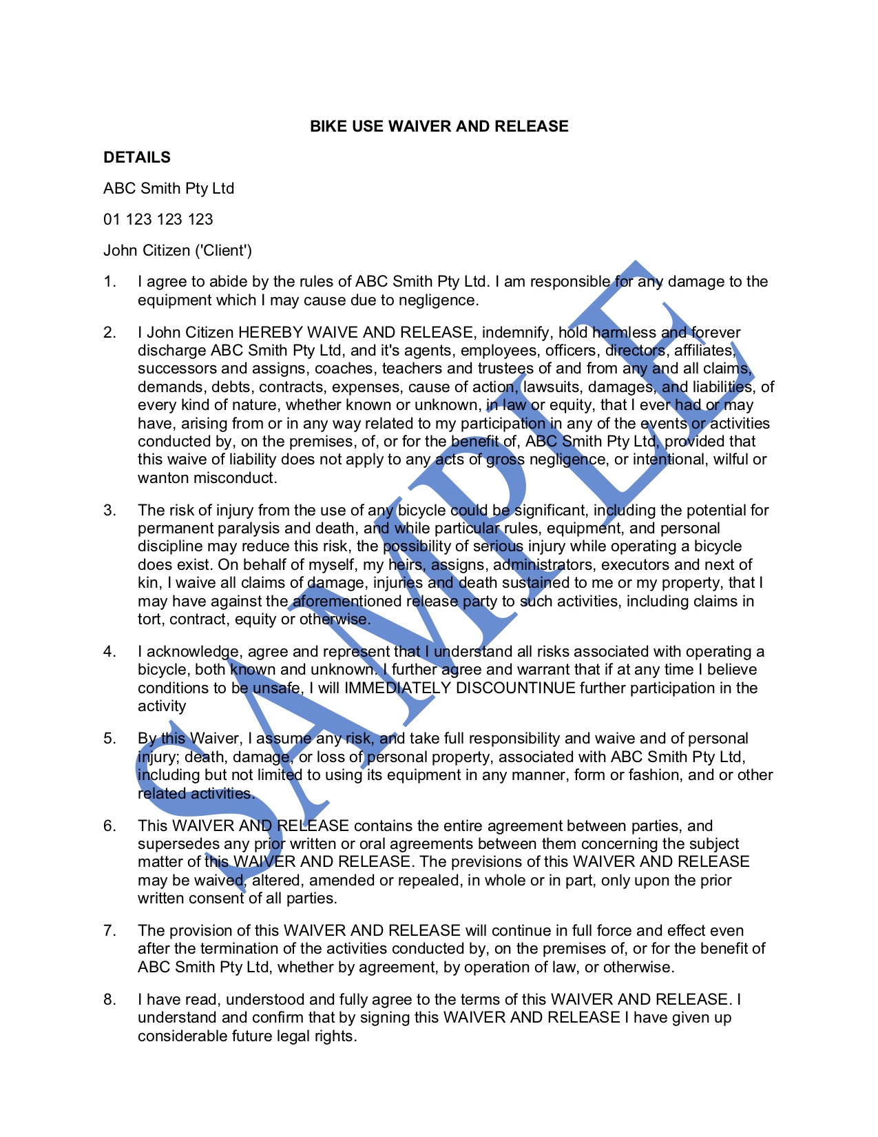 Bike Use Waiver